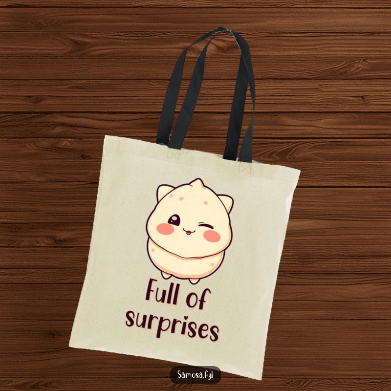 Funny tote bag featuring a samosa comically winking with a playful grin, perfect for carrying essentials with a cheeky vibe.