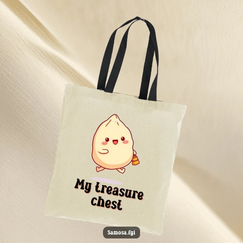 Funny tote bag featuring a samosa joyfully skipping with a small bag, perfect for errands and carrying happy thoughts.