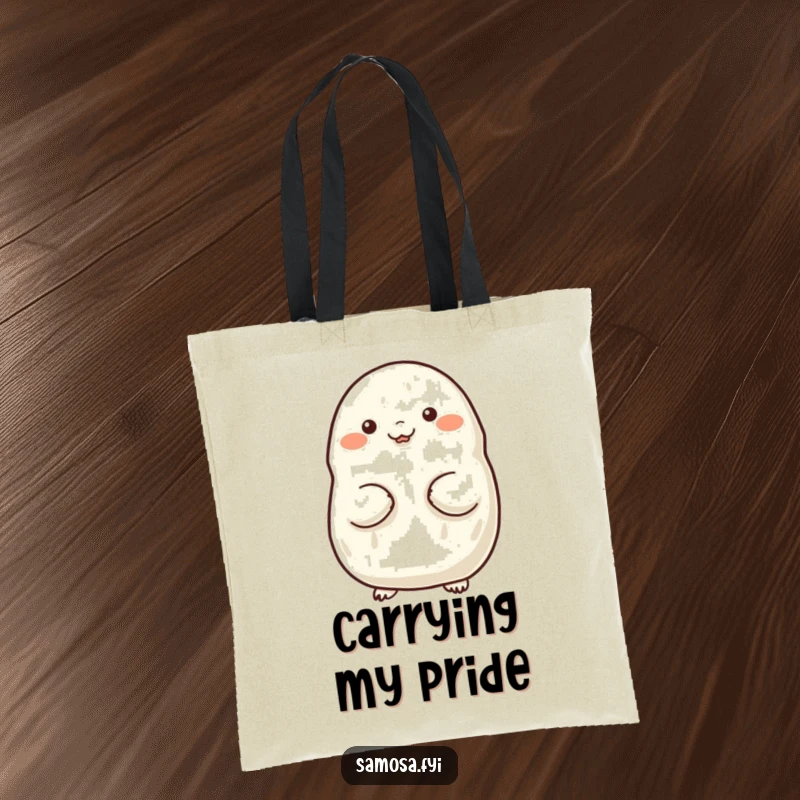 Funny tote bag featuring a samosa proudly puffing out its chest, perfect for carrying essentials with a confident vibe.