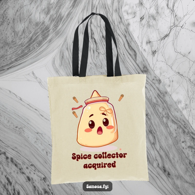 Funny tote bag with a surprised samosa wide-eyed at a floating spice jar, ideal for grocery trips and humorous style.