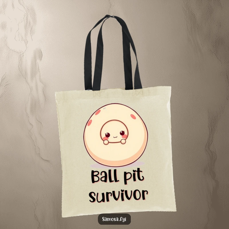 Funny tote bag showcasing a cute samosa character peeking from behind a giant, wobbly ball, ready for fun outings.