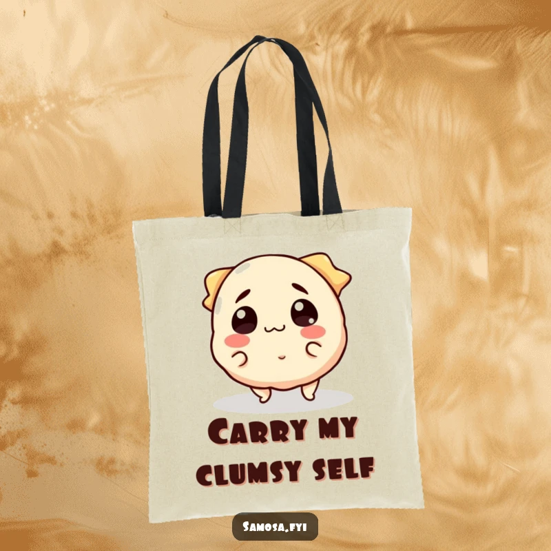 Funny Tote Bag with a smiling samosa character humorously tripping over its edges, looking utterly surprised.