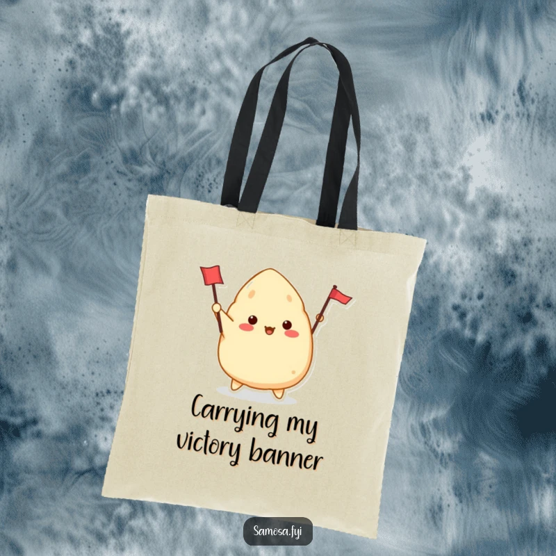 Funny Samosa Tote Bag illustrated with a cute samosa character enthusiastically waving a tiny flag, a cheerful companion.