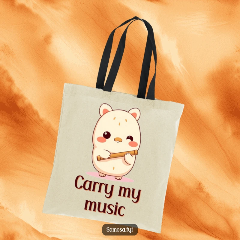 Funny samosa tote bag showing a shy samosa character holding a tiny flute, perfect for carrying music sheets or daily items with quiet charm, a useful gift.