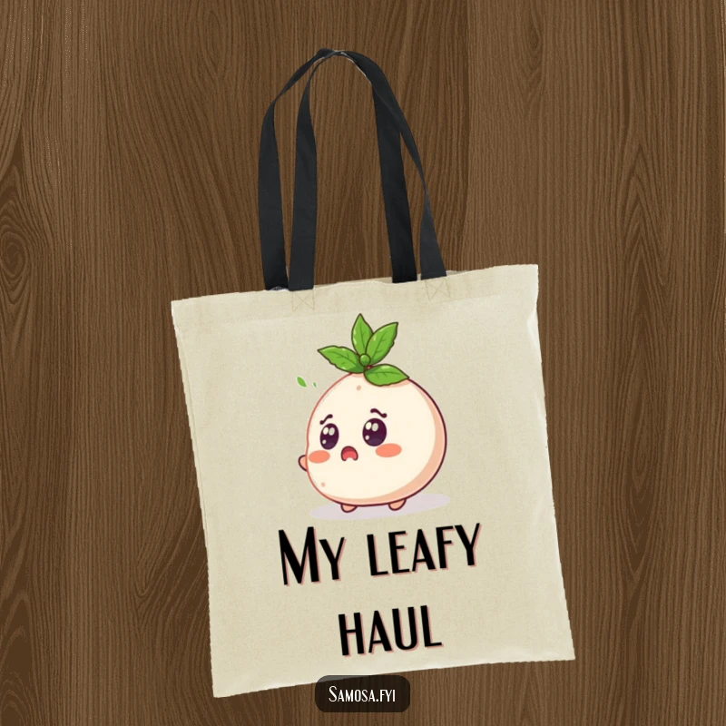 Funny Surprised Samosa Tote Bag displays wide-eyed shock on a samosa character as a mint leaf flies past.