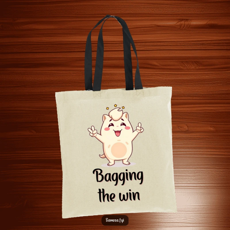 Funny samosa tote bag showing a triumphant samosa character in a victory pose, perfect for carrying essentials with a winning attitude, a useful gift.