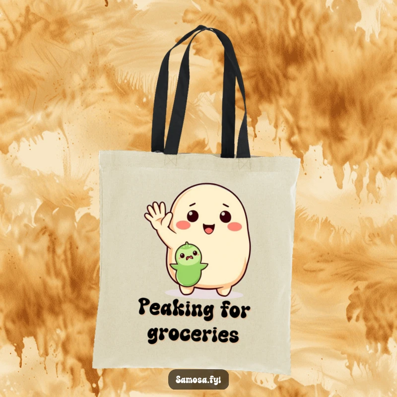 Funny Tote Bag featuring an enthusiastic samosa waving to a pea, a charming and humorous companion for shopping.