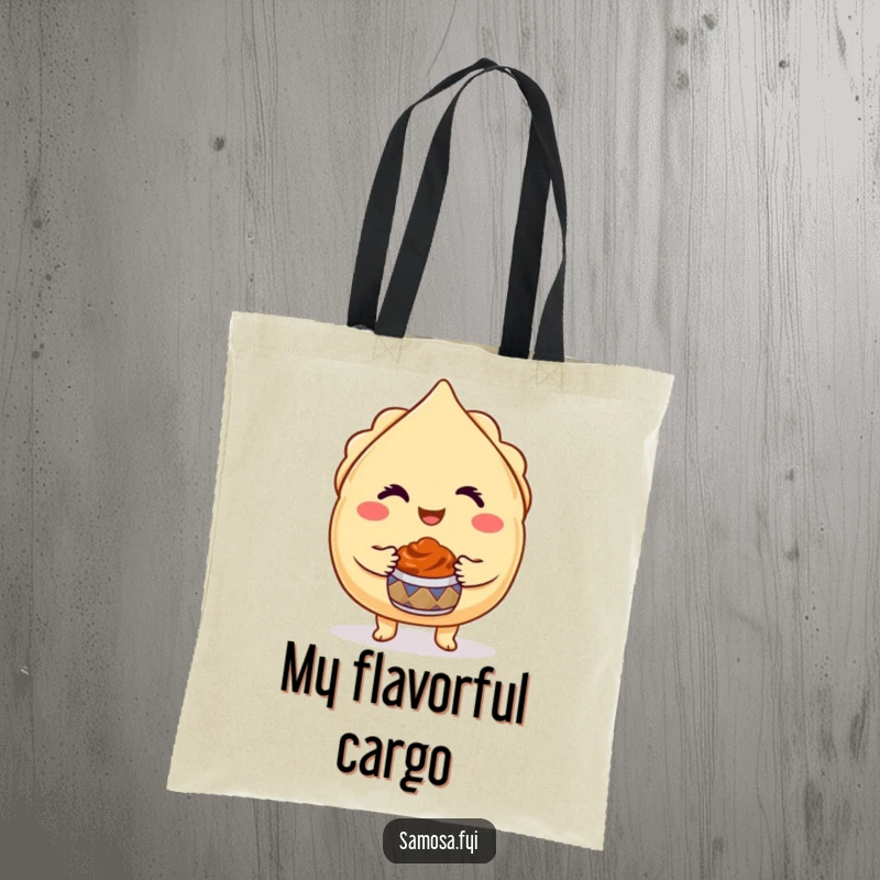 Funny Winking Samosa Tote Bag displays a cheeky samosa character winking while offering a chutney pot, ideal for foodies.