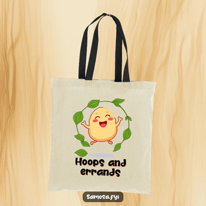 Funny tote bag illustrating a laughing samosa with legs, jumping through a hoop of curry leaves, ready for any adventure.