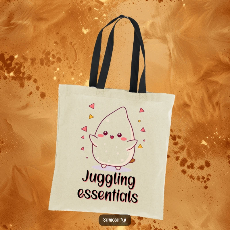 Funny Samosa Tote Bag featuring a samosa character skillfully juggling small triangular shapes, representing organization and playful efficiency.