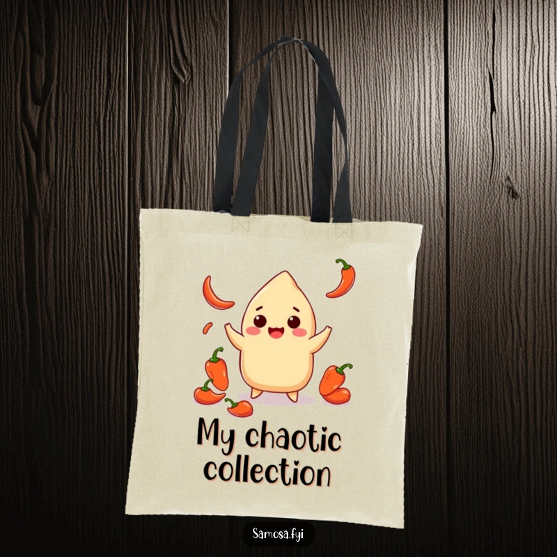 Funny tote bag with a smiling samosa playfully juggling small chili peppers, perfect for carrying essentials with a spicy kick.