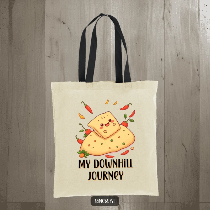 Funny tote bag with a cheerful samosa sliding down a spicy pepper hill, perfect for carrying essentials with a side of adventure.