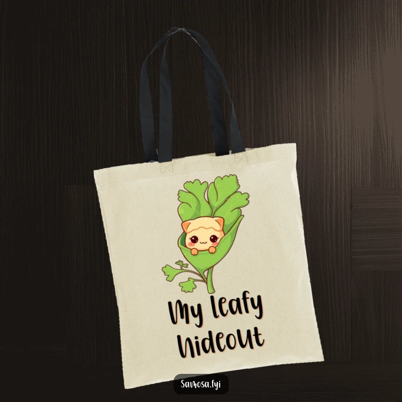 Funny Tote Bag: A shy samosa character peeks from a large coriander leaf, cute and humorous carry-all.