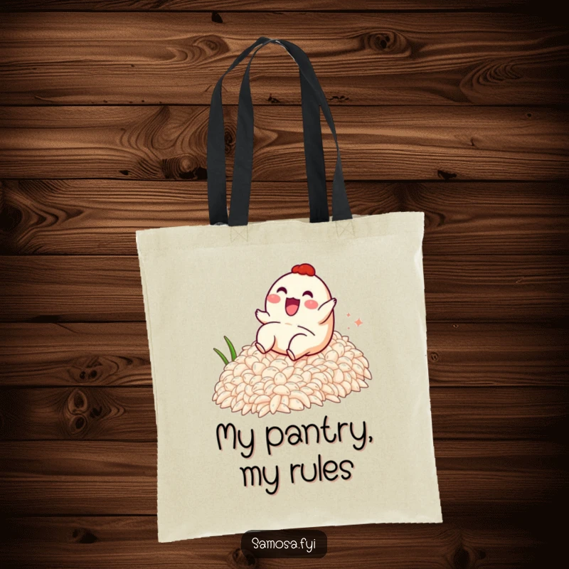 Funny tote bag illustrating a happy samosa character enjoying an exhilarating slide down a mountain of rice, brimming with joy.