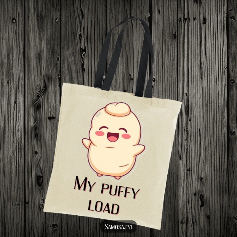 Funny Dough Tote Bag displays a happy, deflated dough character laughing infectiously, perfect for carrying baking goods.