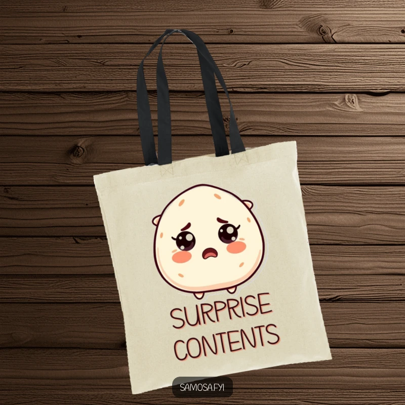 Funny Startled Samosa Tote Bag: A samosa character with wide, surprised eyes, great for carrying essentials with a humorous, astonished flair.