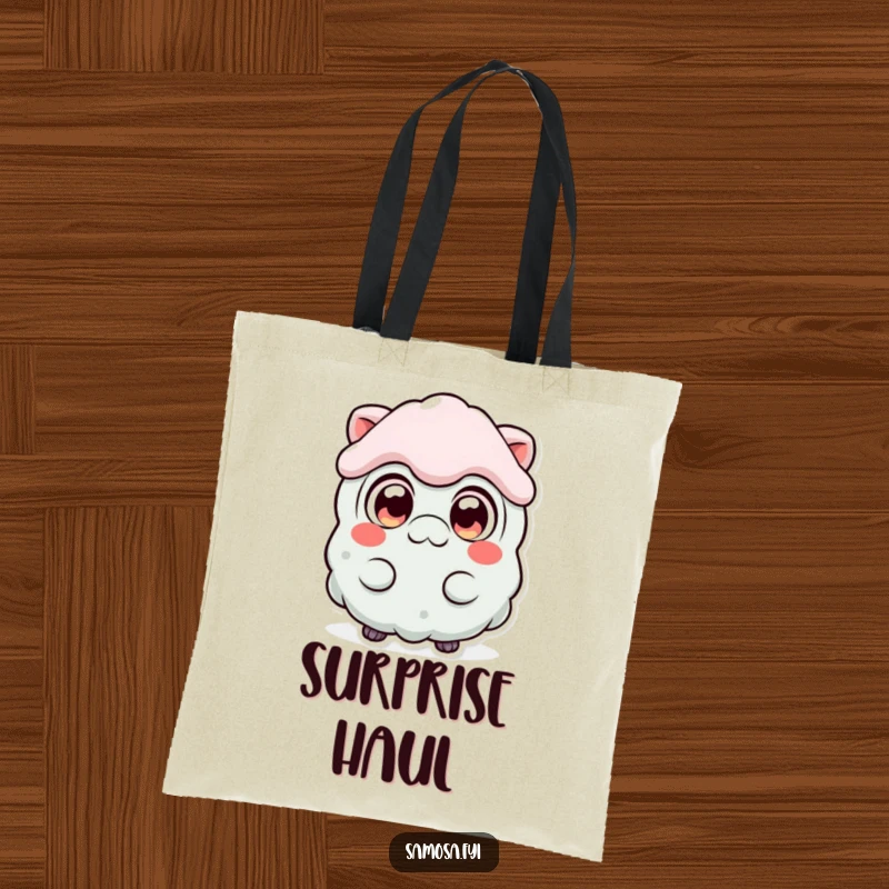 Funny Surprised Samosa Tote Bag featuring a samosa character with wide, wide eyes, conveying its comical shock and amazement.
